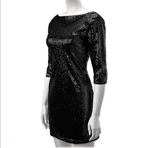 Black sequin mini party dress v-neck scoop